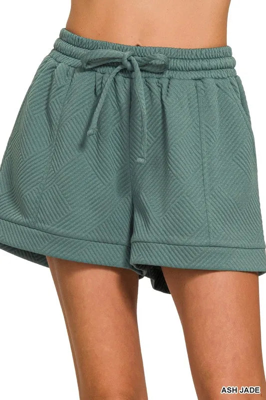 Zenana Textured Knit Jacquard Drawstring Shorts - cas7m