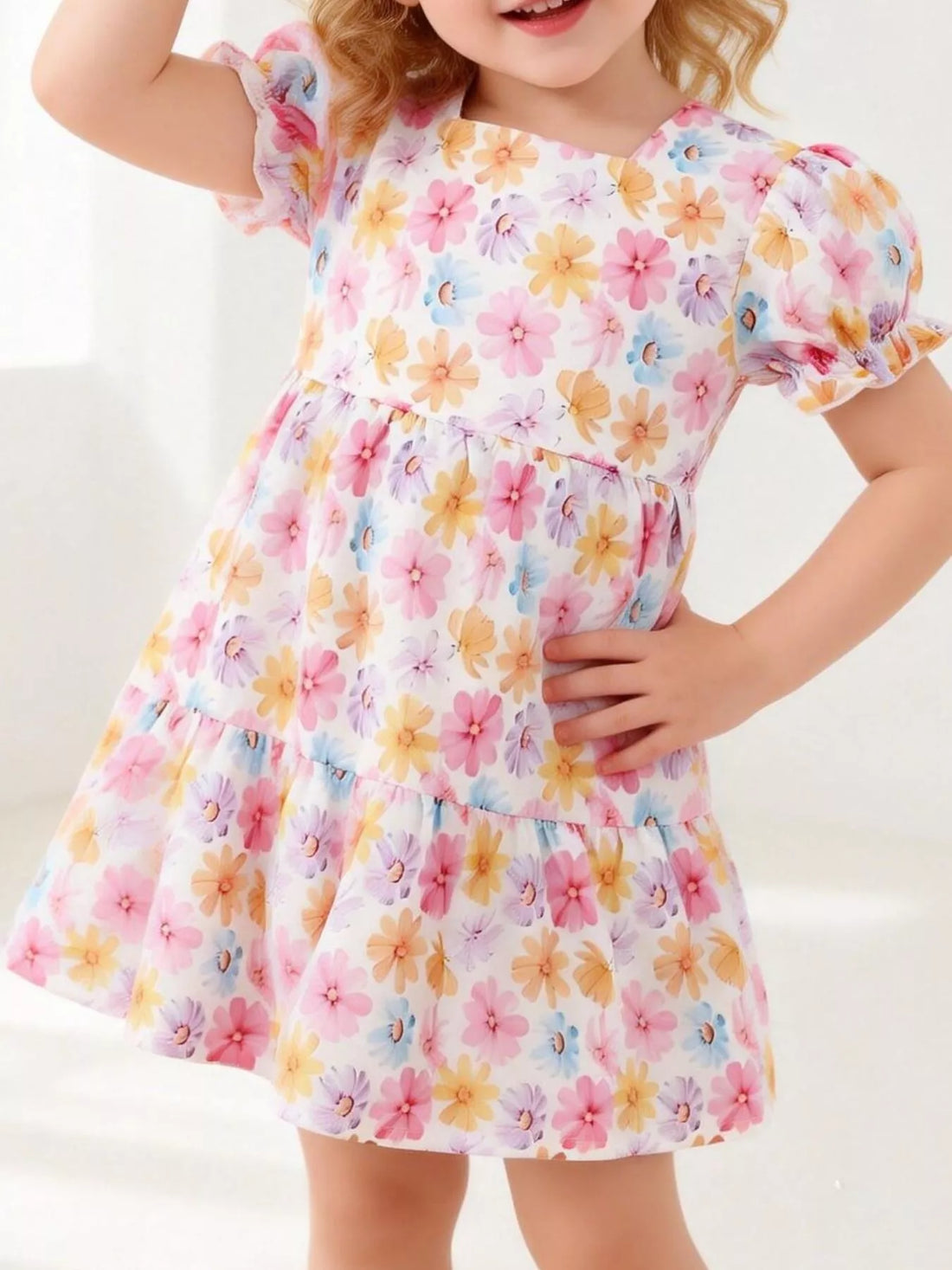 Children's Floral Print Puff Sleeve Ruffle Hem Dress - cas7m