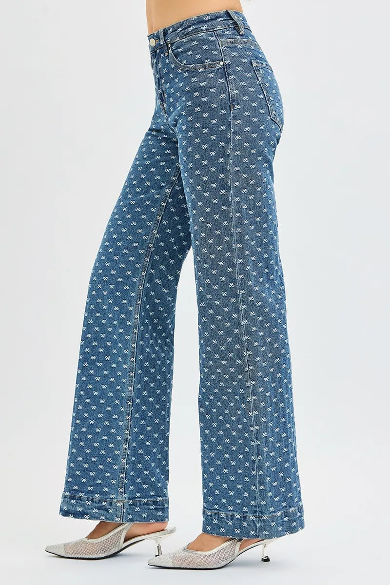 RISEN High Rise Wide Leg Bow Embroidered Jeans - cas7m