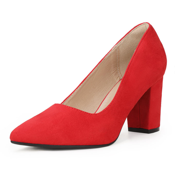IDIFU Red Pumps for Women Closed Toe Heels High Block Chunky Heels Work Office Heels Pointed Toe Dress Shoes for Bridal Wedding(Red Suede 7)