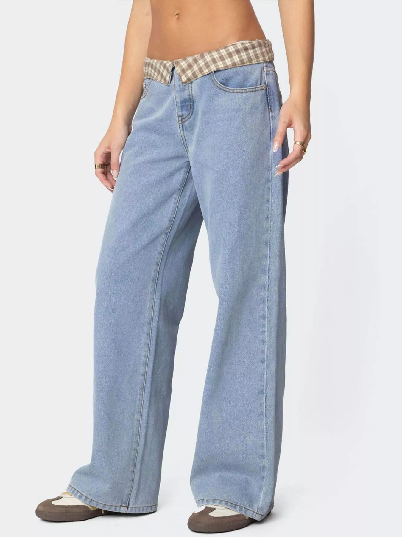 Plaid Trim Wide Leg Jeans - cas7m