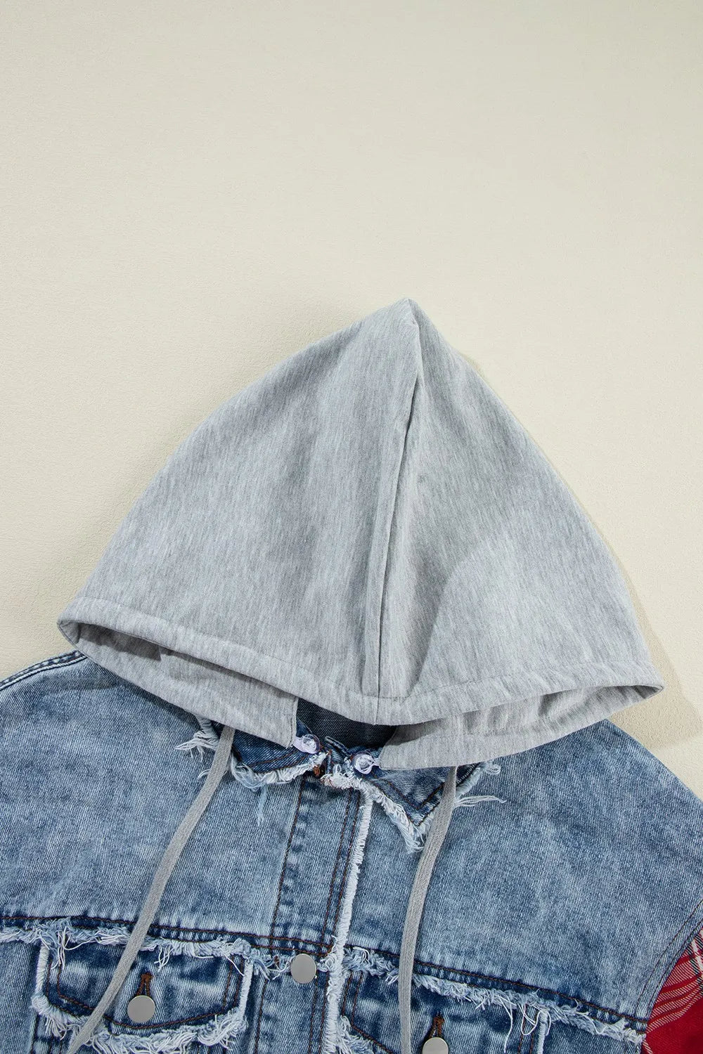 Raw Hem Drawstring Plaid Denim Jacket - cas7m