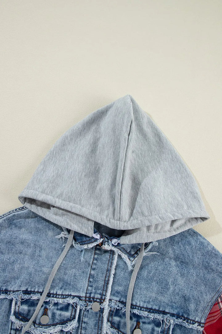 Raw Hem Drawstring Plaid Denim Jacket - cas7m