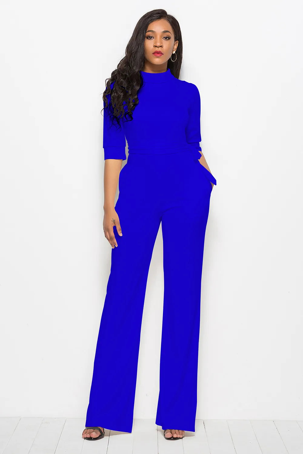 Mock Neck Tie-Waist Half Sleeve Jumpsuit - cas7m