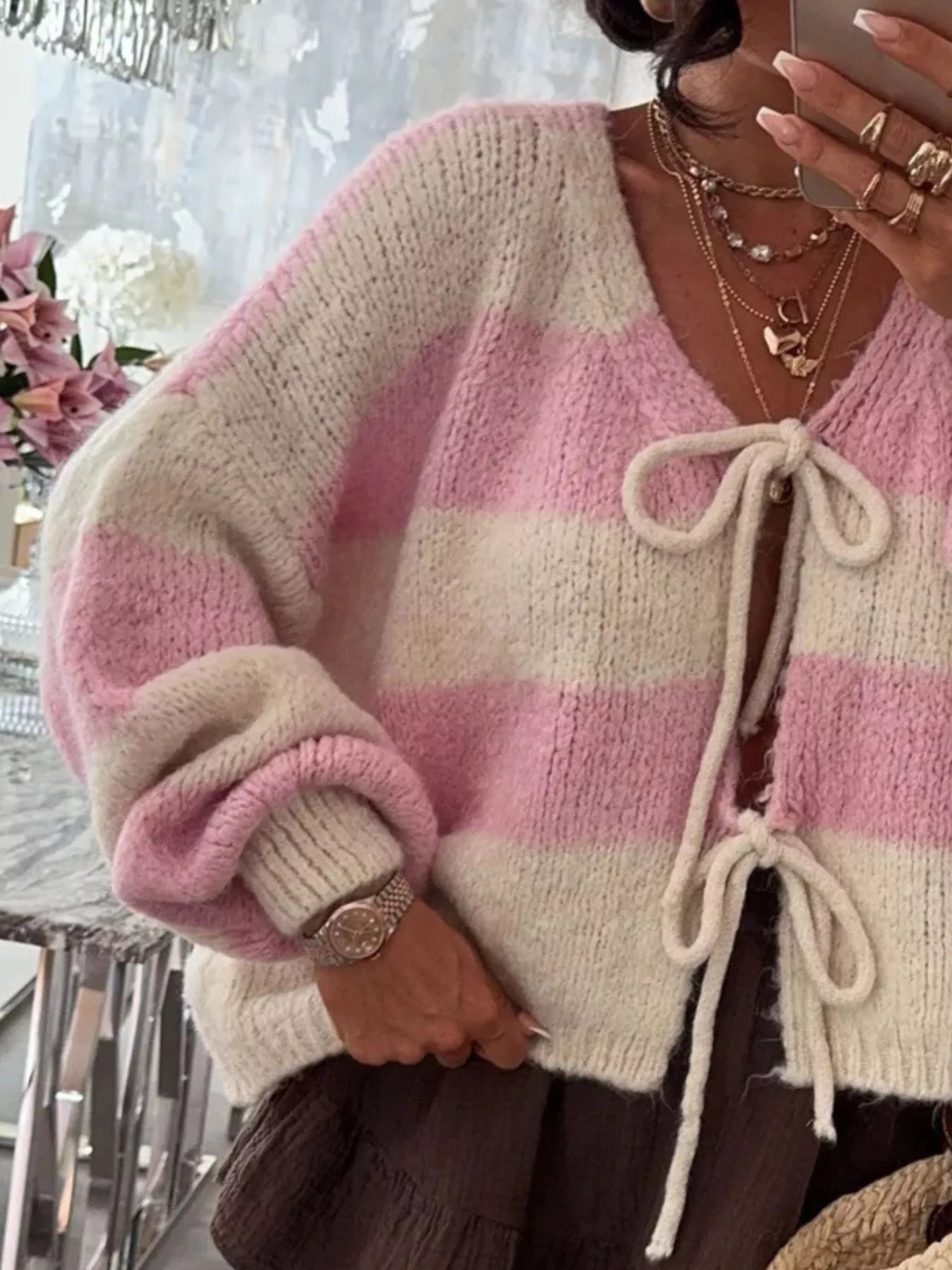 Striped Tie-Front Knit Cardigan - cas7m