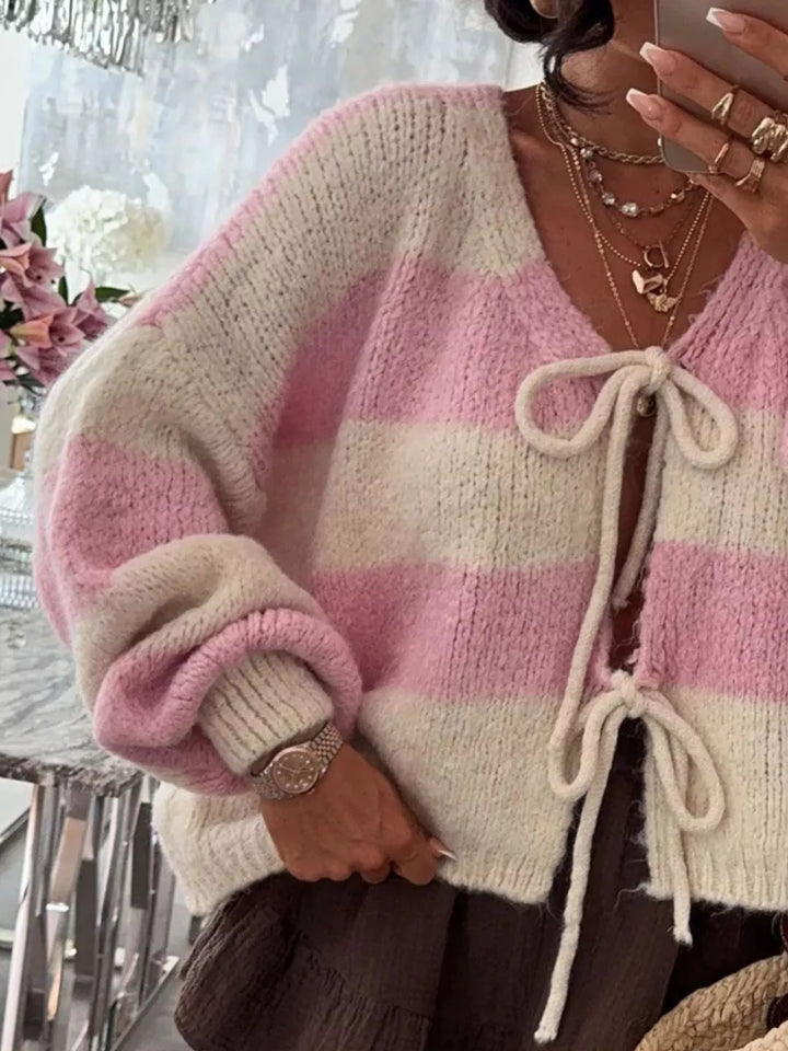 Striped Tie-Front Knit Cardigan - cas7m