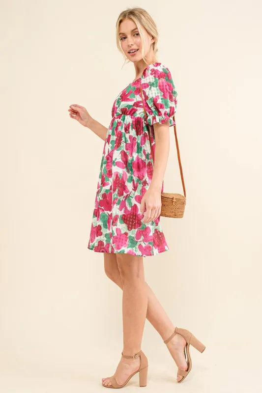 And The Why Smocked Floral Ruffle Short Sleeve Mini Dress - cas7m