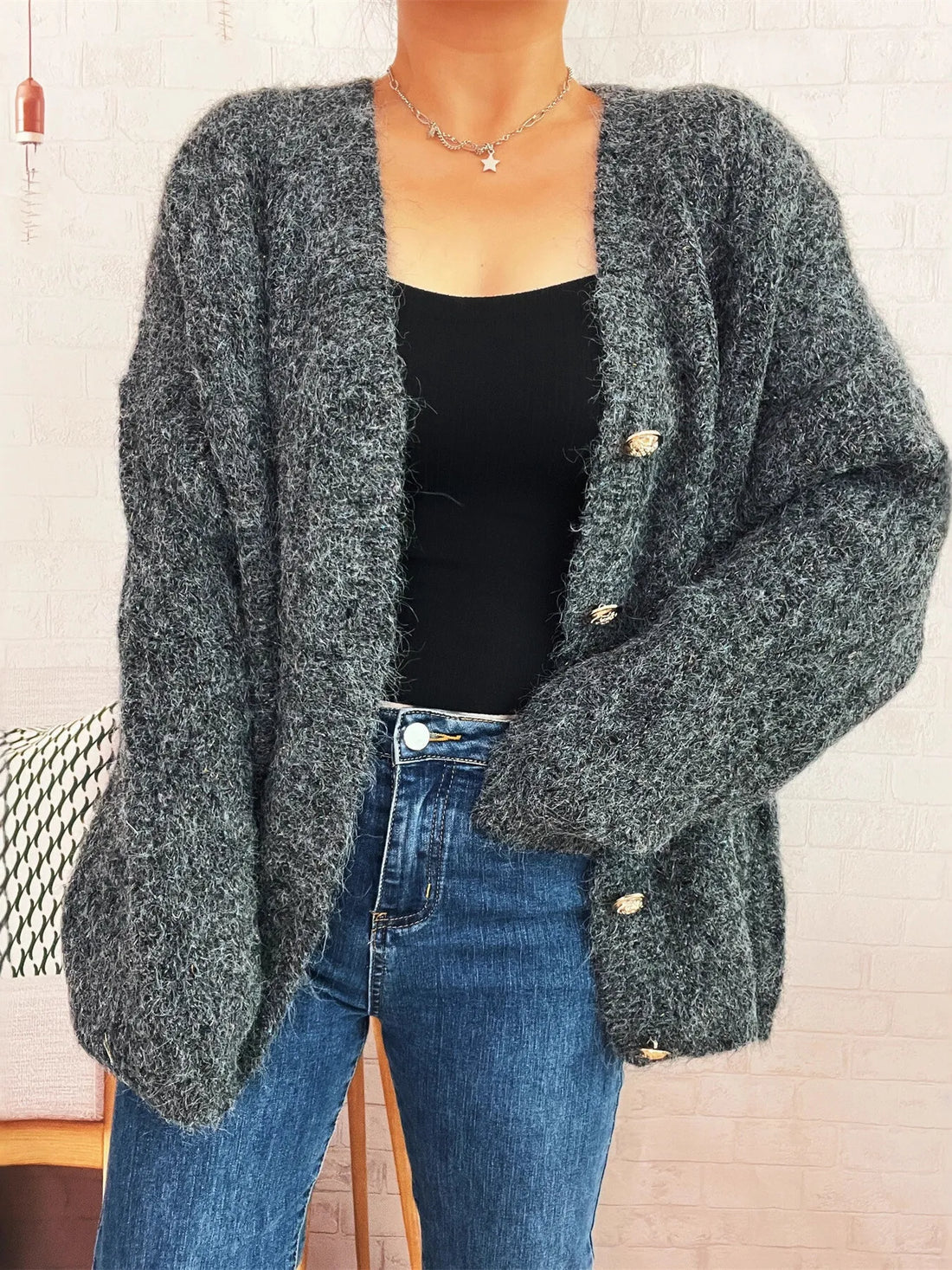 Cable Knit Button-Up Cardigan - cas7m