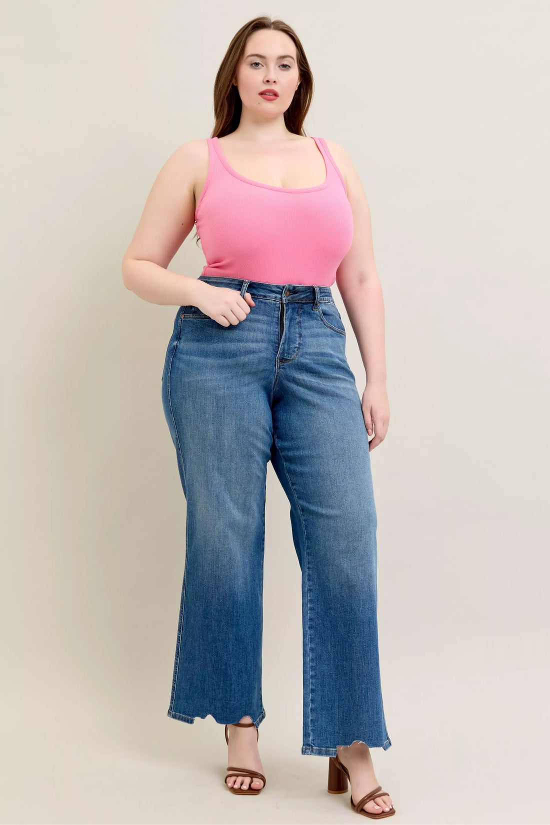 Judy Blue Full Size High Waist Tummy Control Chew Hem Destroy Wide Jeans Plus Size - cas7m