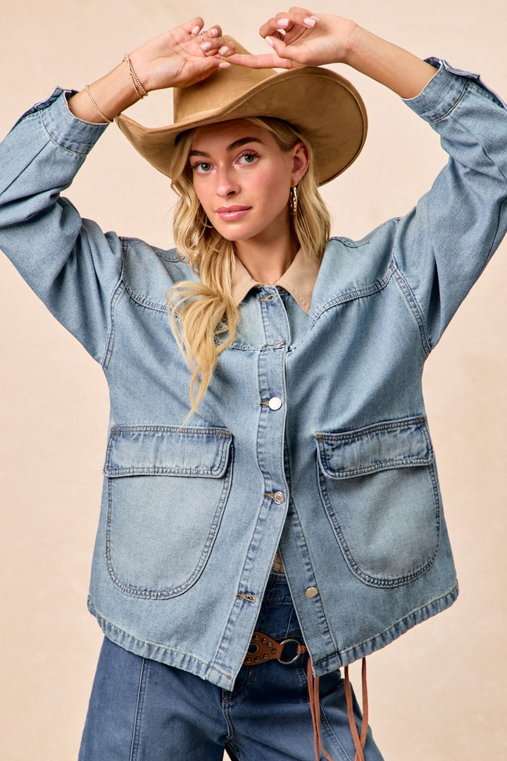 BiBi Washed Denim Jacket with Contrast Collar Detail - cas7m