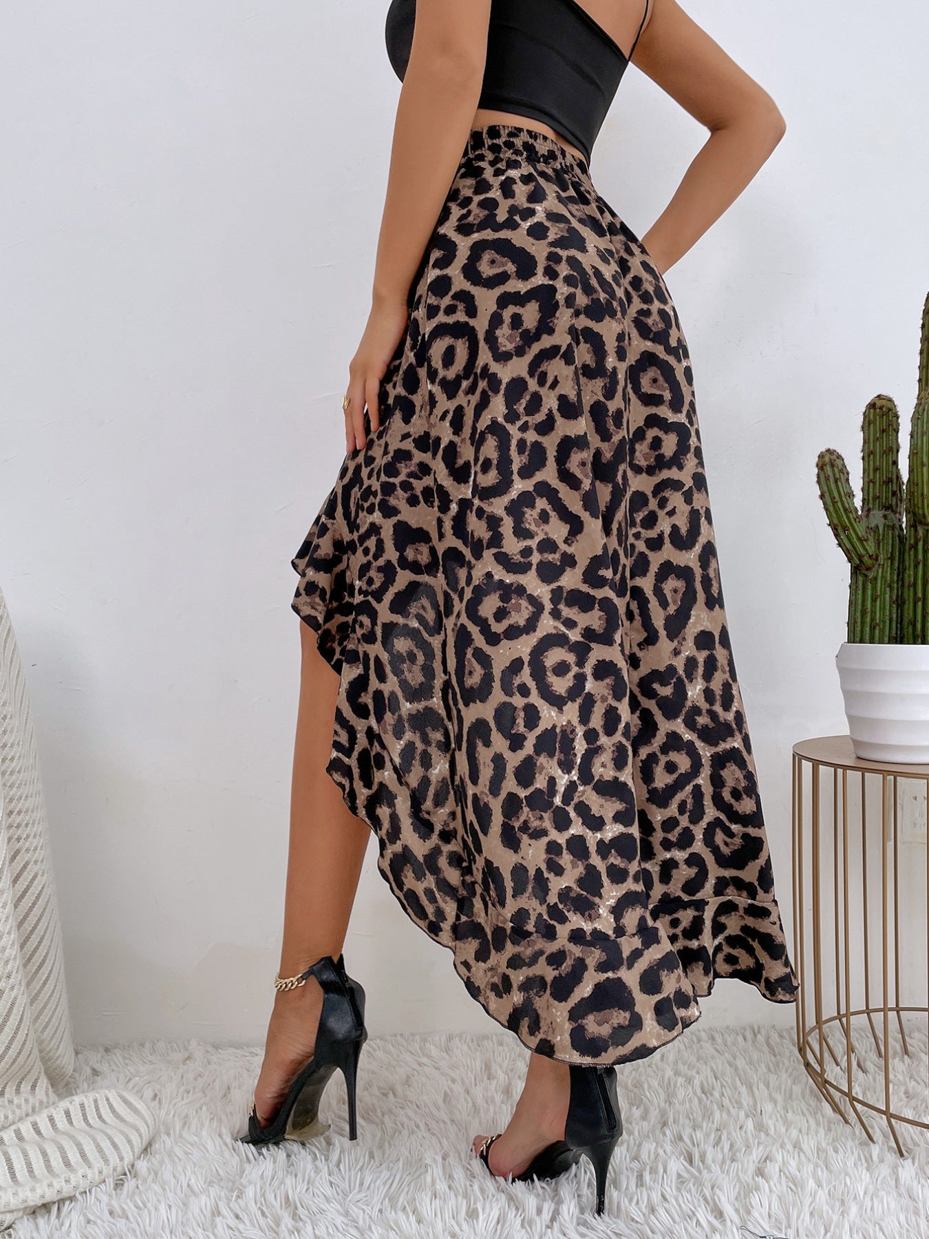 Leopard Print Ruffle Hem High-Low Skirt - cas7m