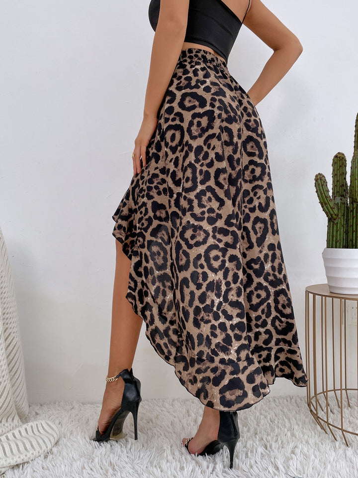 Leopard Print Ruffle Hem High-Low Skirt - cas7m