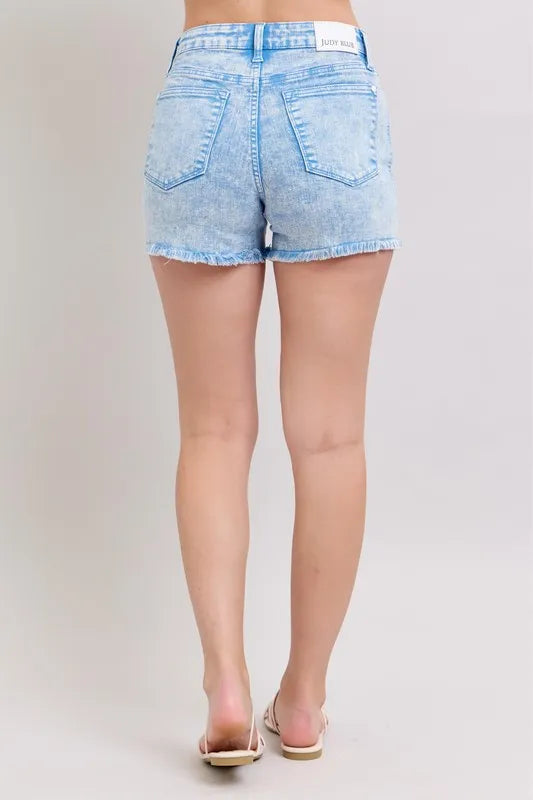 Mid-Rise Garment Dyed Denim Shorts with Raw Hem - cas7m