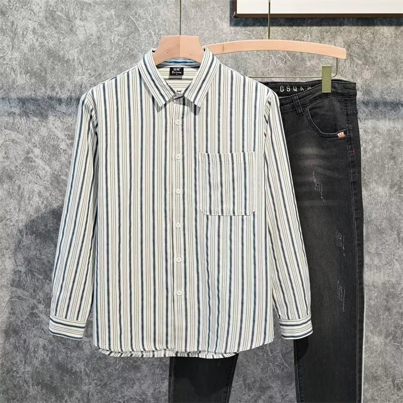 Men's Plus Size Striped Long Sleeve Button-Down Shirt - cas7m