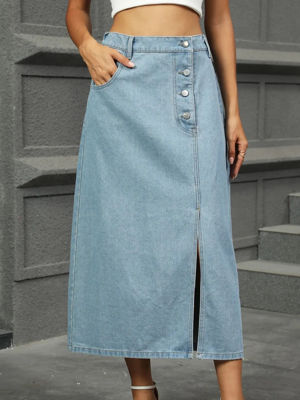 Slit Button Detail Denim Midi Skirt - cas7m