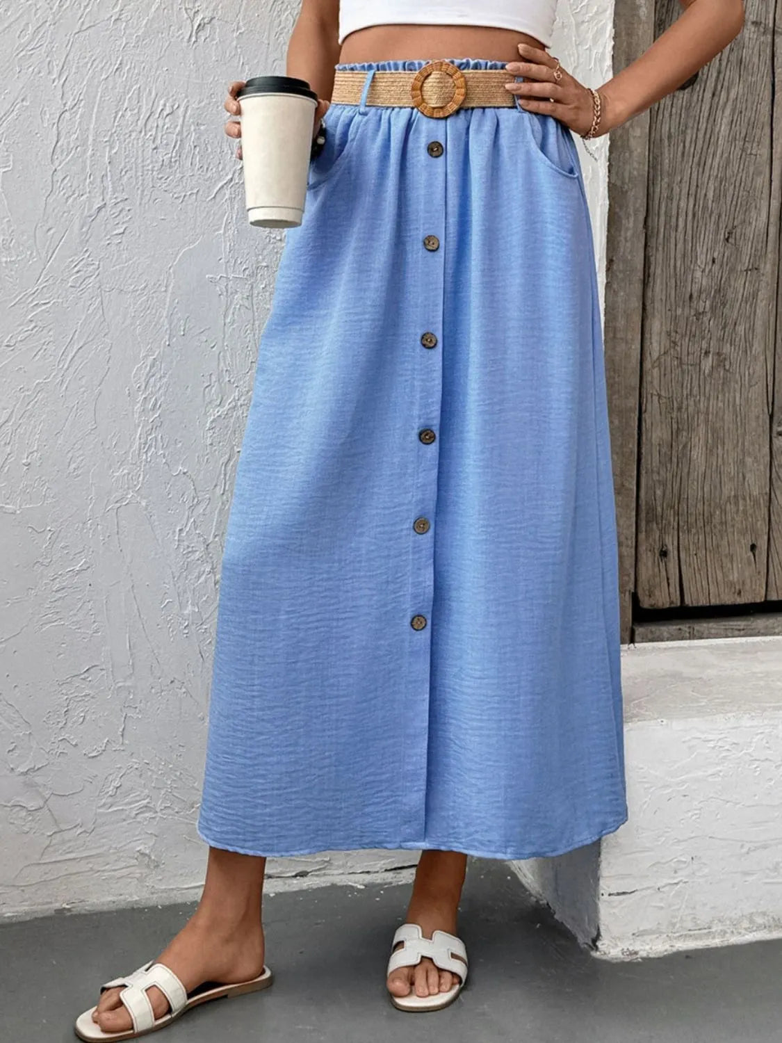 Decor Button Front Midi Skirt - cas7m