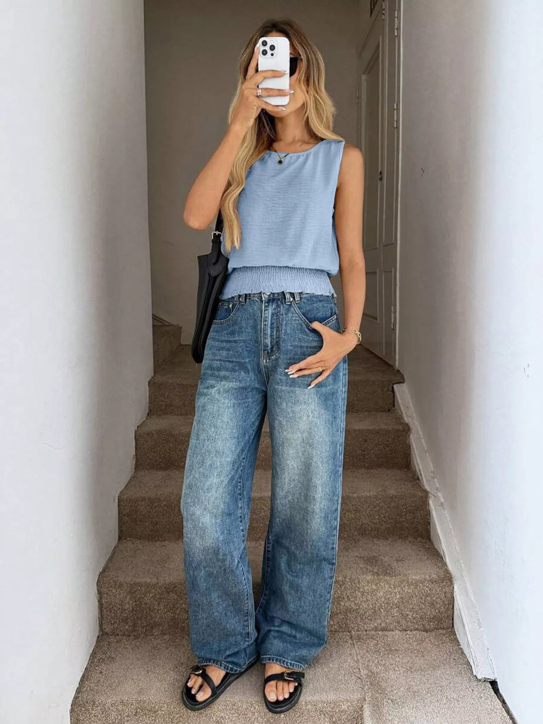 Smocked Round Neck Tank - cas7m