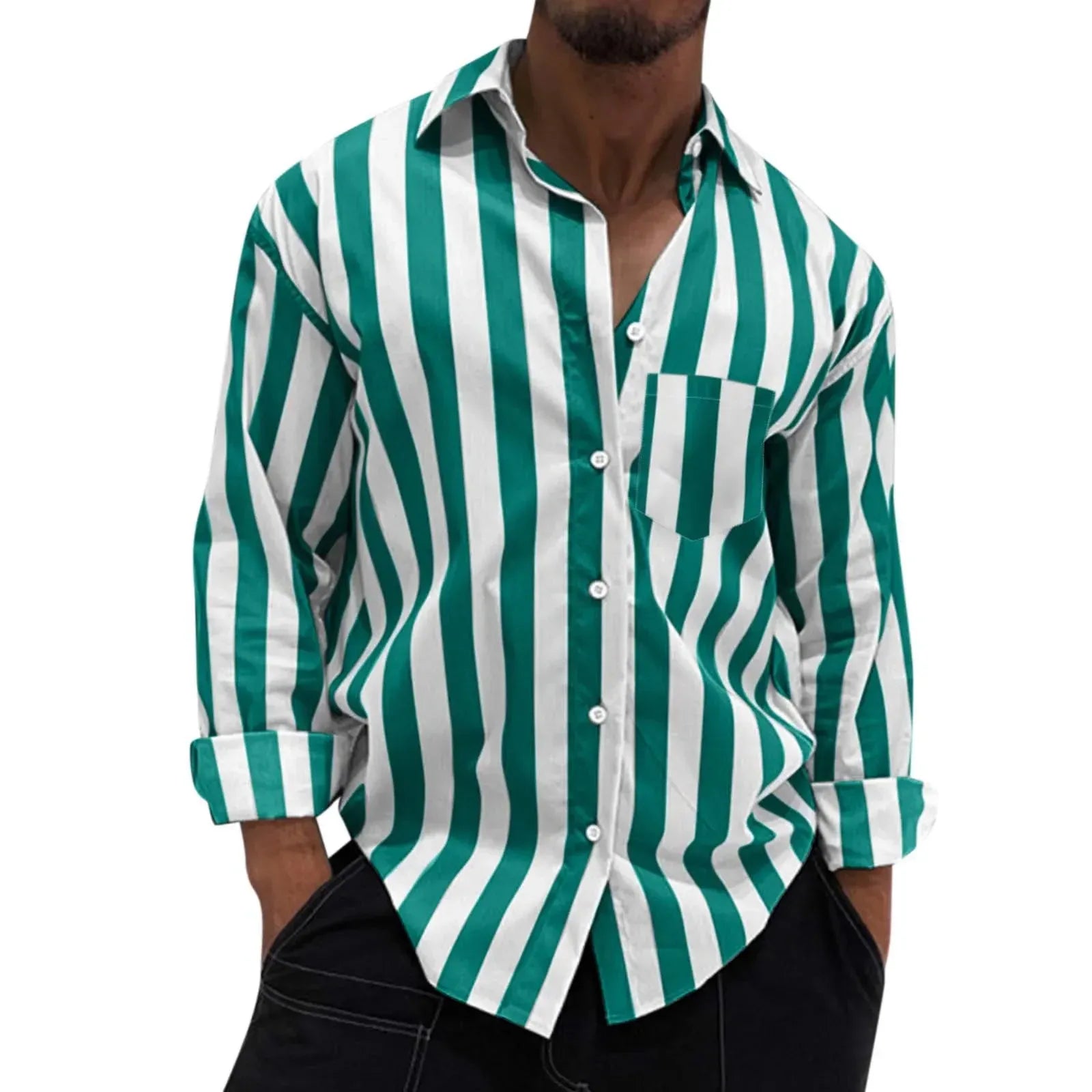 Men's Striped Button-Down Long Sleeve Shirt - cas7m