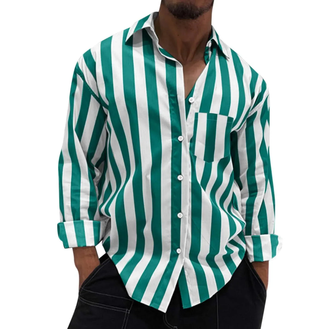 Men's Striped Button-Down Long Sleeve Shirt - cas7m