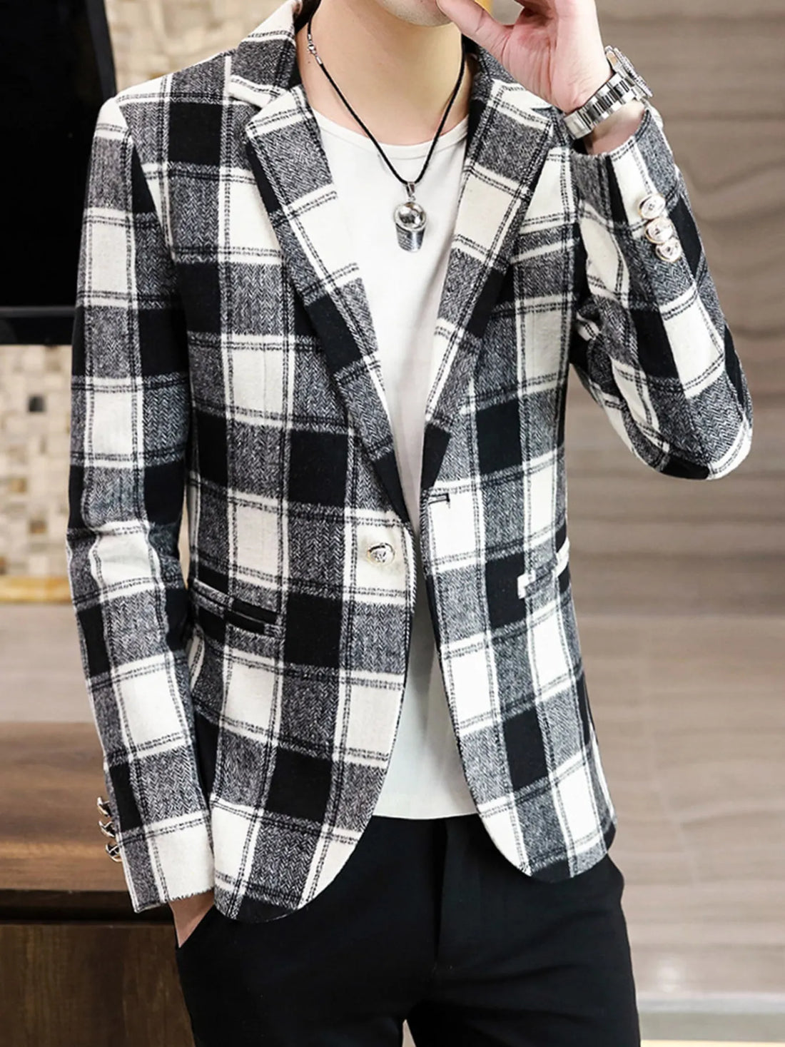 Men's Plus Size Plaid Slim Fit Blazer - cas7m