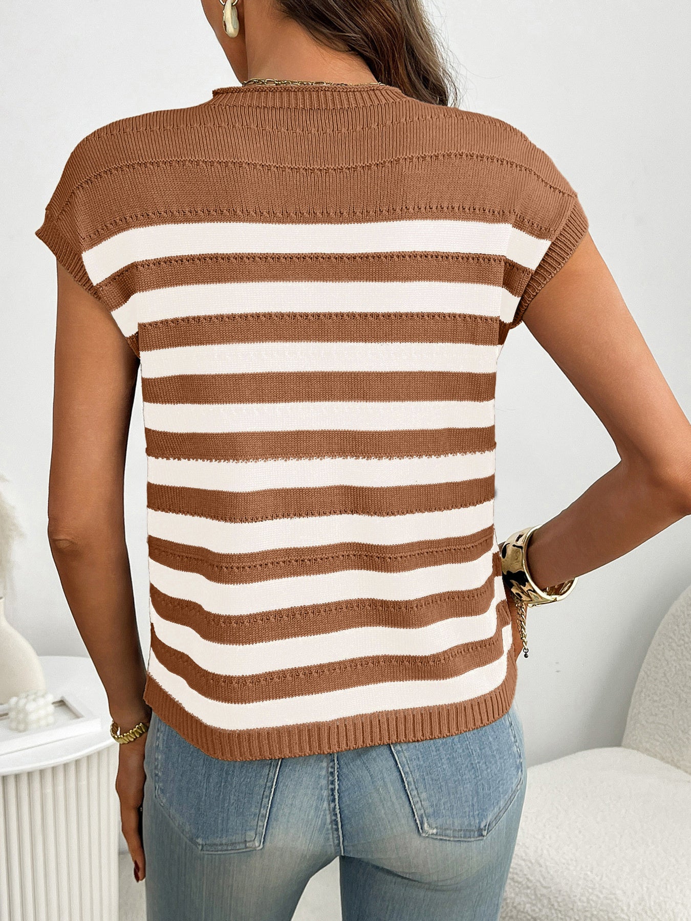 Striped Knit Pocket Detail Cap Sleeve Sweater - cas7m