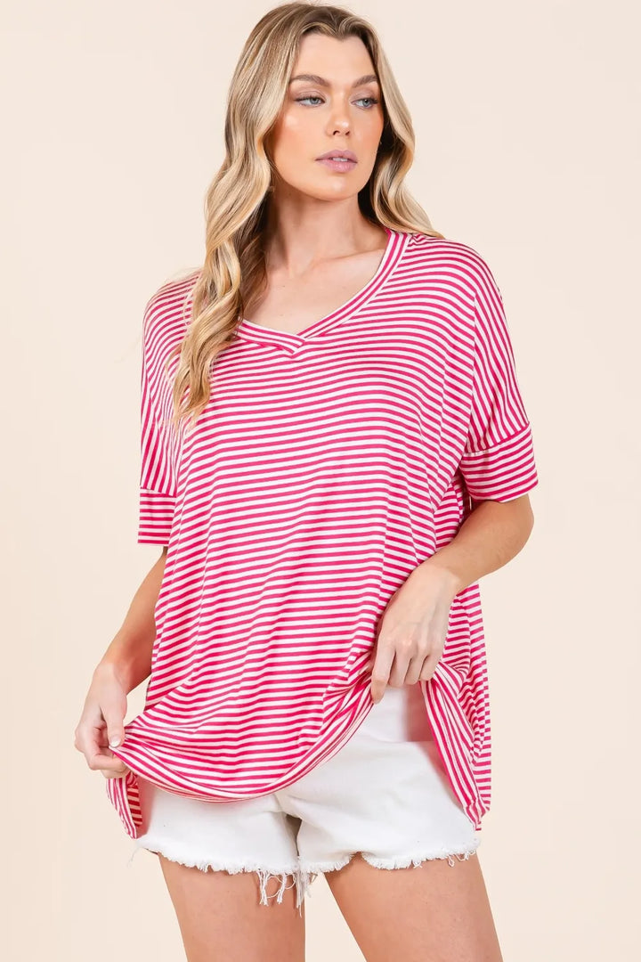 BOMBOM Striped V-Neck T-Shirt - cas7m