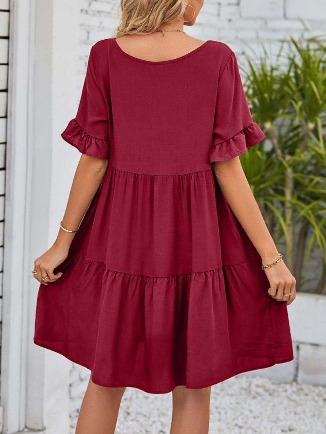 Ruffled Sleeve Tiered Mini Dress - cas7m