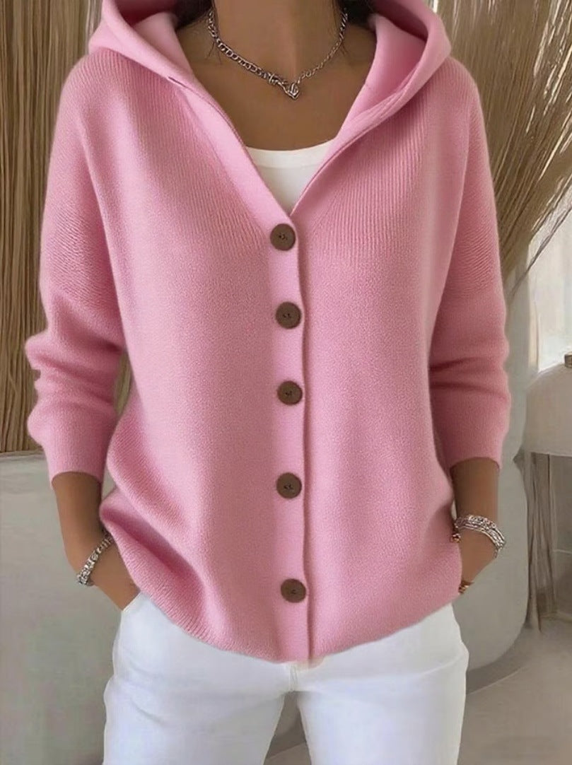 Ins Button Hooded Sweater Fashion Autumn And Winter Knitted Cardigan Casual Commuter Long Sleeve Top Women's Clothing - cas7m