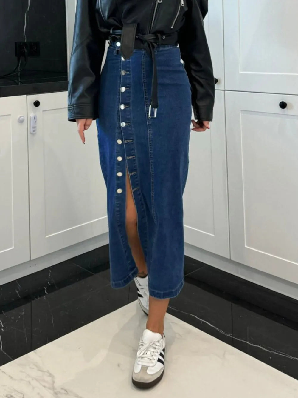 Front Button Slit Midi Denim Skirt - cas7m