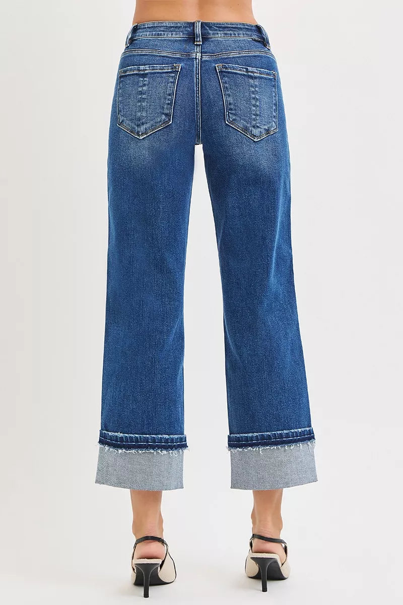 RISEN Mid Rise Ankle Straight Jeans with Cuffed Hem - cas7m