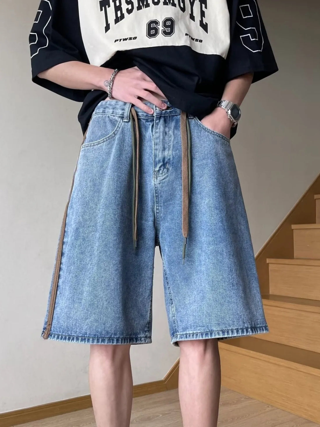 Men's Full Size Drawstring Wide-Leg Denim Shorts Plus Size - cas7m