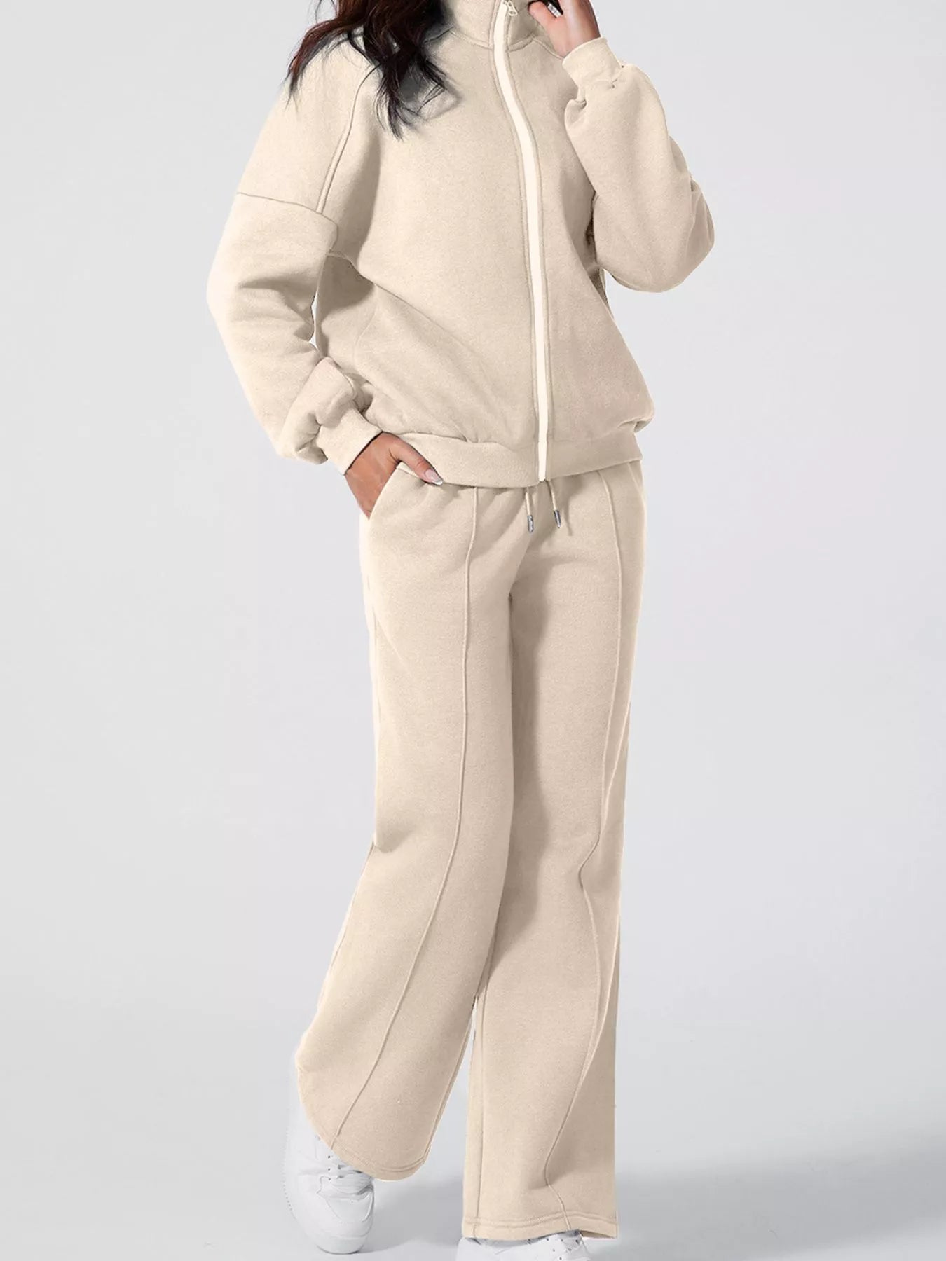 Drop Shoulder Zip Up Jacket and Drawstring Pants Active 2pcs Set - cas7m