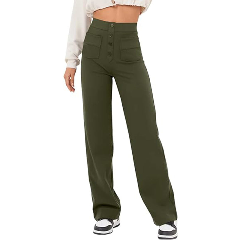 High Waist Trousers With Pockets Casual Loose Wide Leg Button Straight Pants Women's Clothing - cas7m
