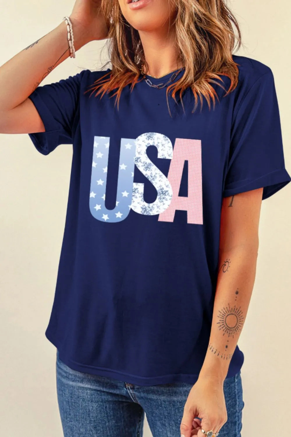 USA Letter Round Neck T-Shirt - cas7m