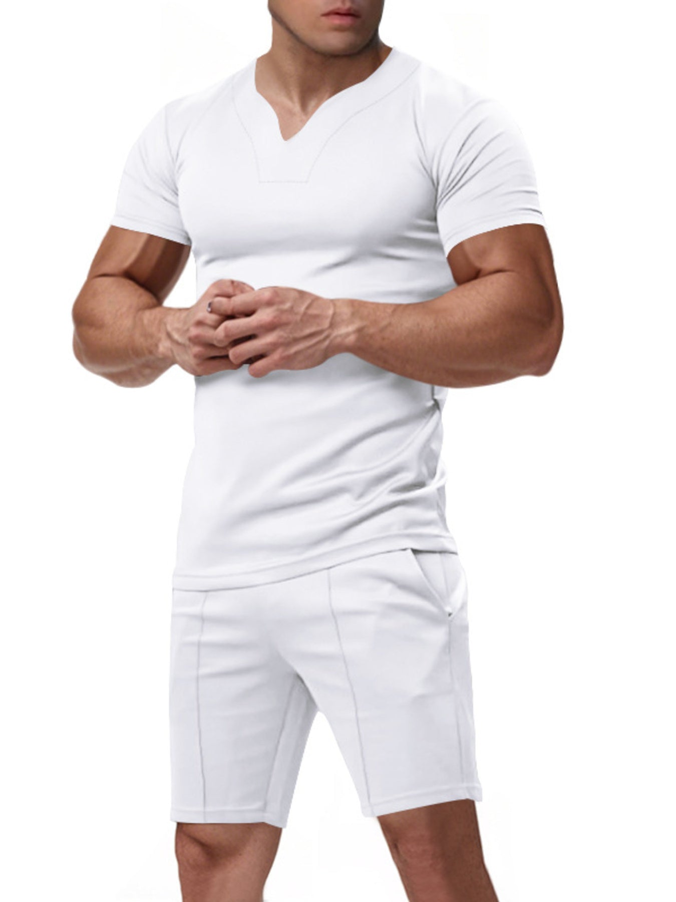 Men's Full Size V-Neck Short Sleeve T-Shirt and Shorts Set Plus Size - cas7m