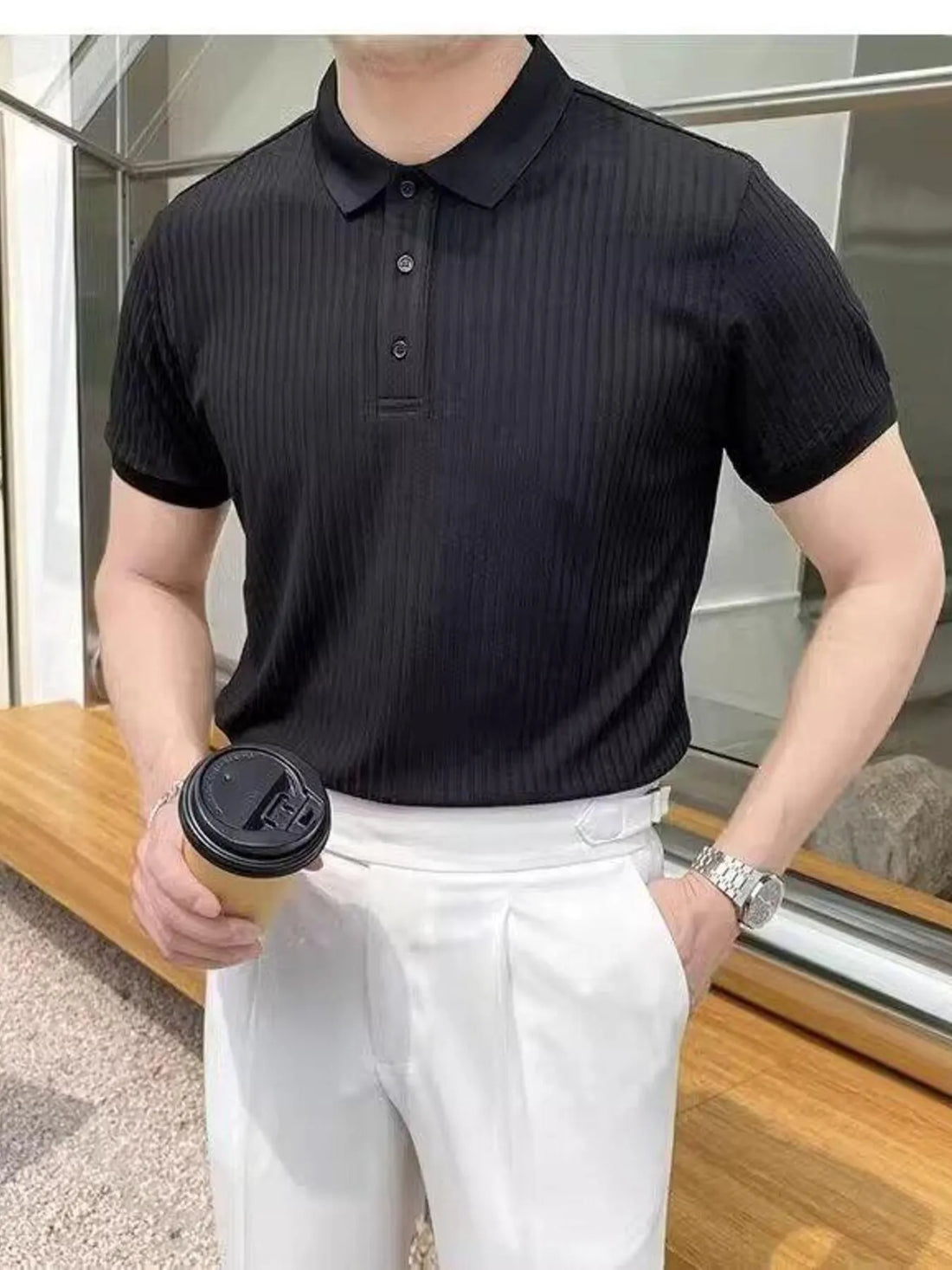 Men's Textured Slim Fit Button Detail Polo - cas7m