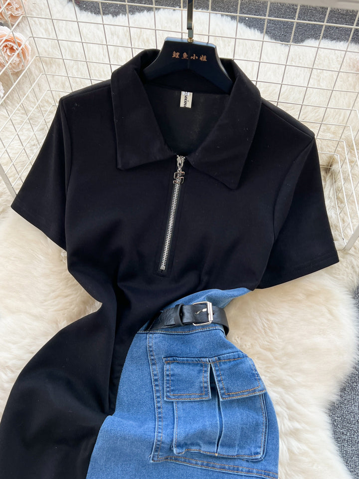 Full Size Color Block Denim Patchwork Short Sleeve Midi Dress Plus Size - cas7m