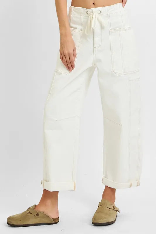 RISEN Full Size High Rise Crop Wide Barrel Cargo Pocket Jeans Plus Size - cas7m