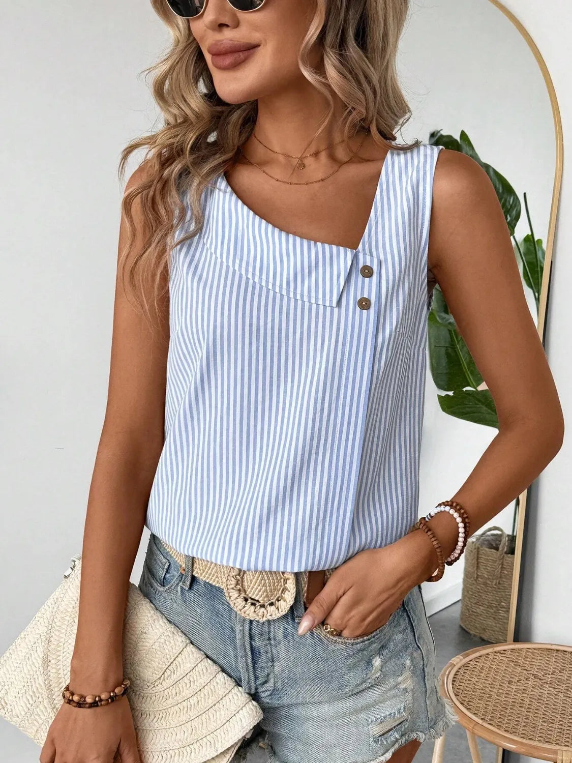 Decorative Button Asymmetrical Striped Tank - cas7m