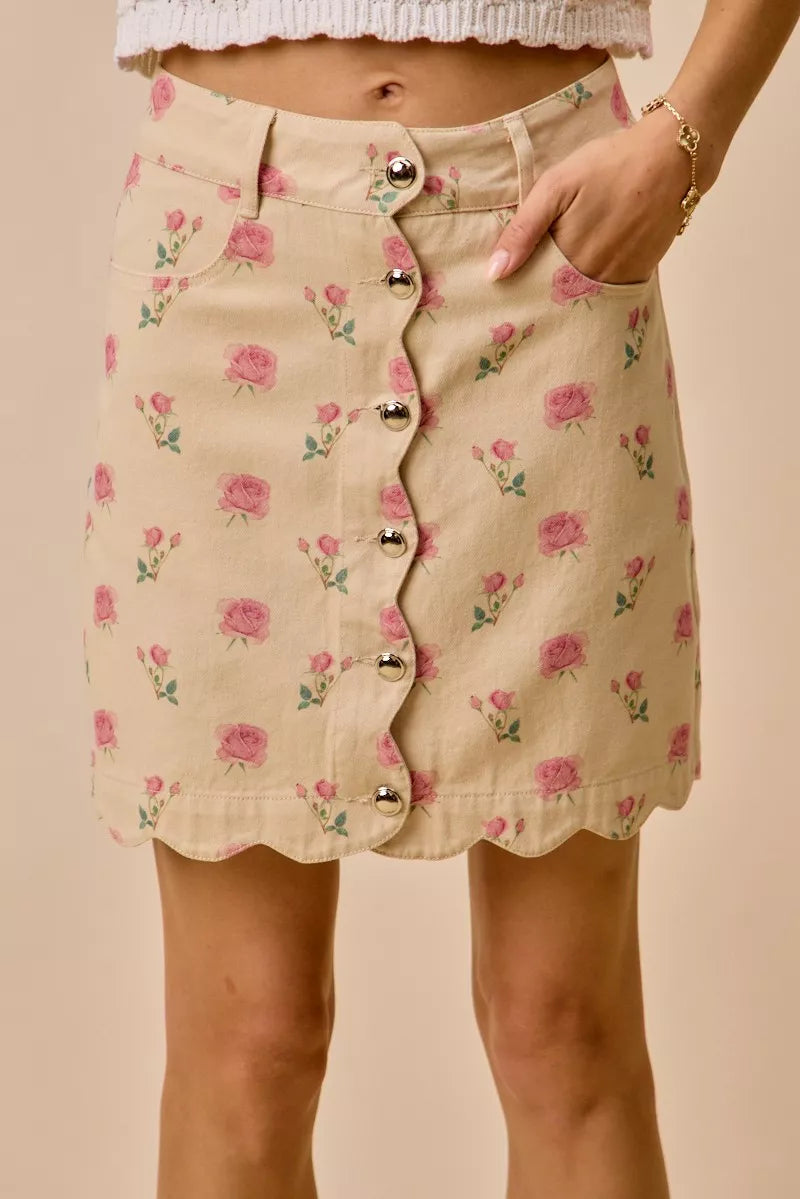 SO ME Floral Rose Print Cotton Twill Scallop Mini Skirt - cas7m