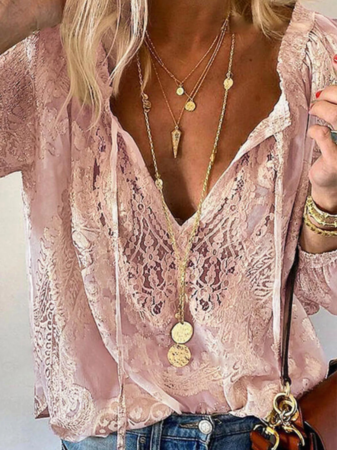 Lace Tie-Neck Blouse - cas7m