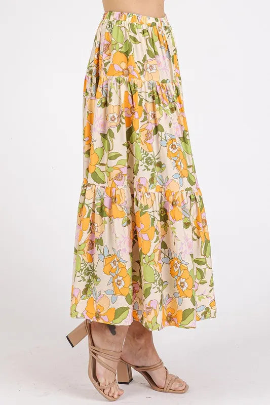 Mittoshop Flower Print Elastic Waist Tiered Skirt - cas7m