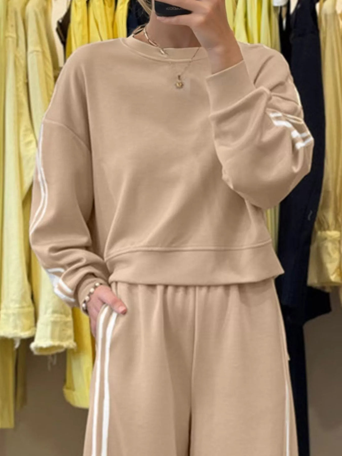 Striped Detail Crewneck Top and Elastic Sweatpants 2pcs Set - cas7m