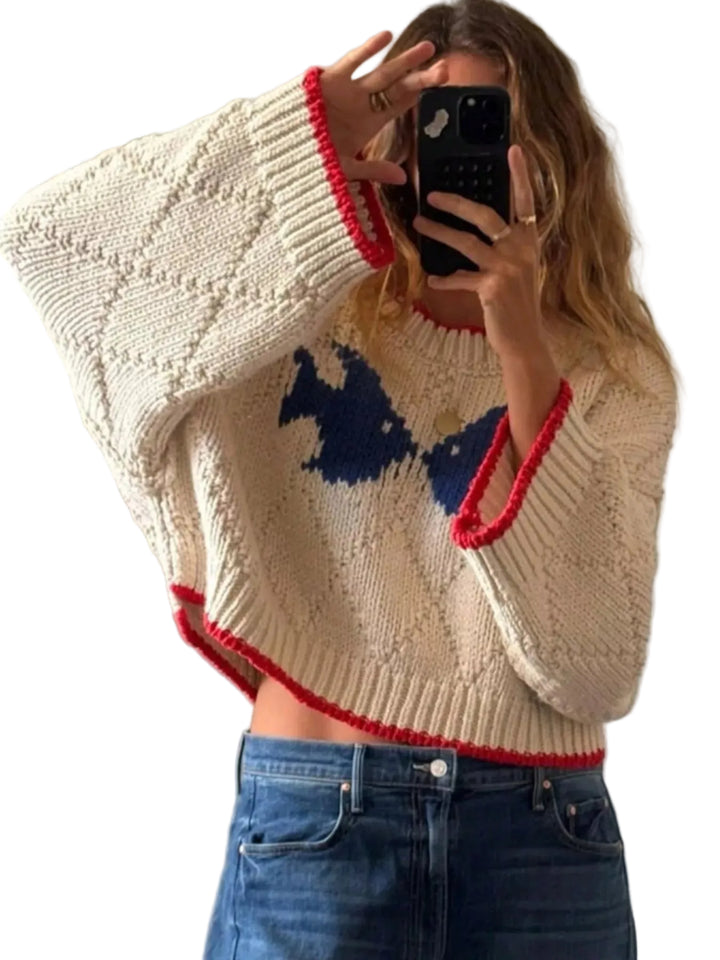 Fish Contrast Trim Round Neck Sweater - cas7m