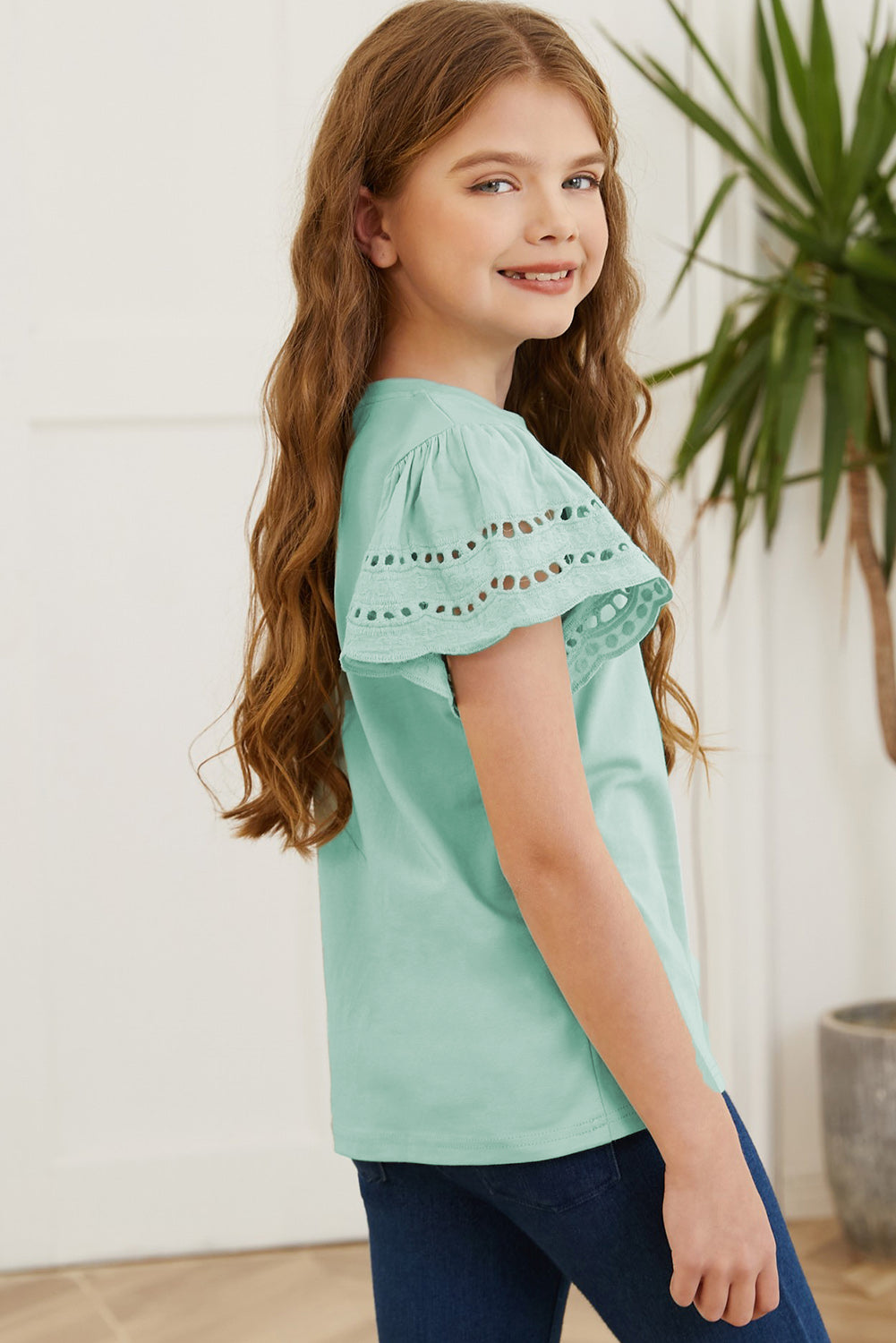 Round Neck Flutter Sleeve T-Shirt - cas7m