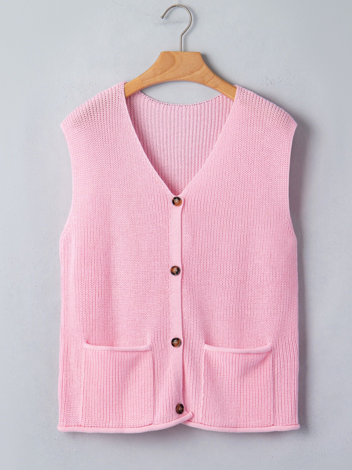 Solid Color Knit V Neck Button Front Sweater Vest - cas7m