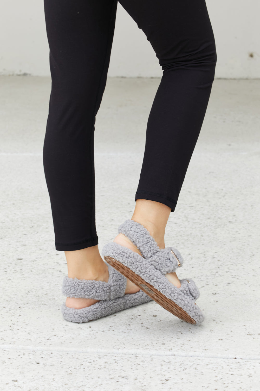 Qupid Cozy Atmosphere Faux Fur Buckled Sandals in Grey - cas7m
