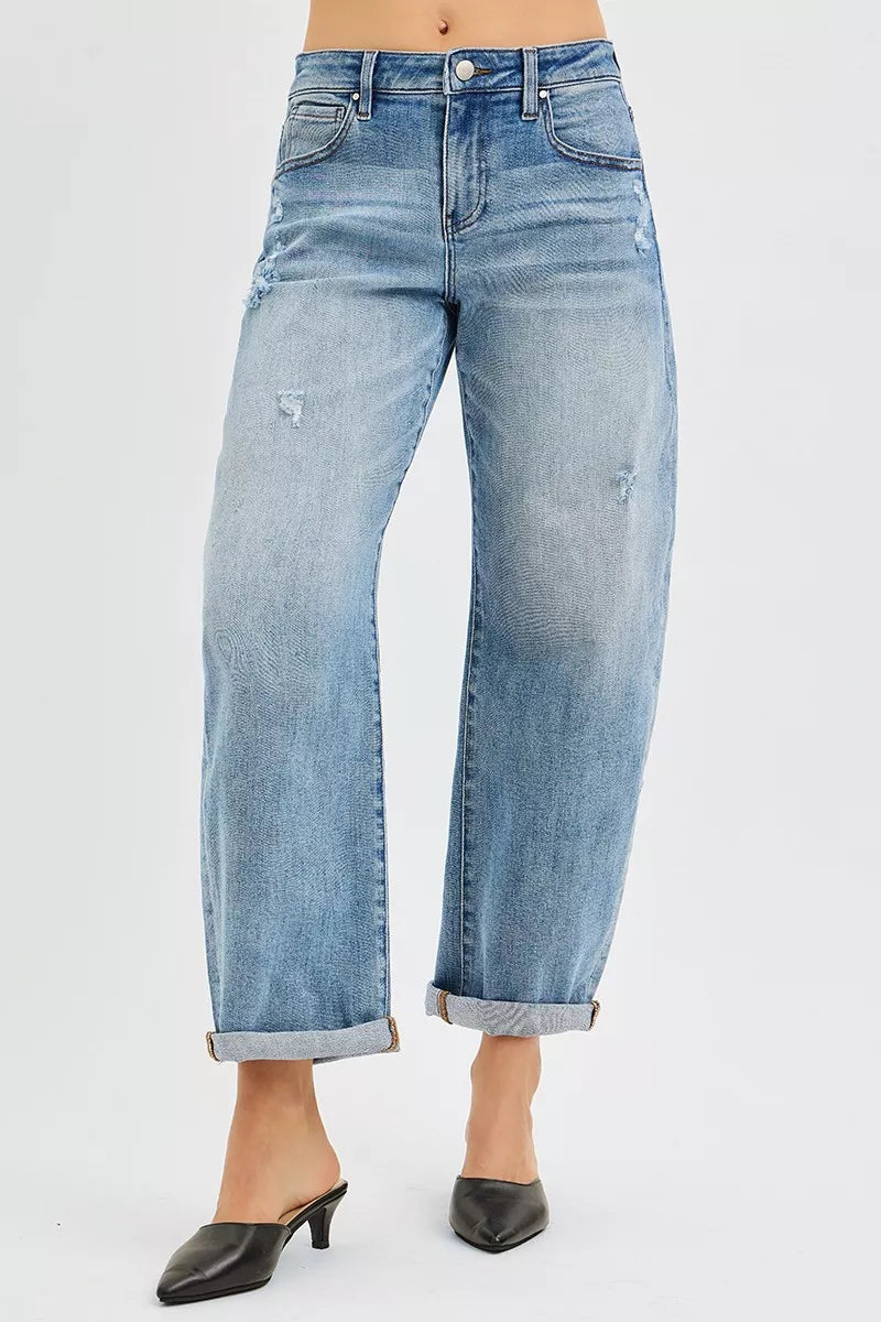 RISEN Full Size Slouchy Ankle Length Barrel Jeans with Cuffs Plus Size - cas7m