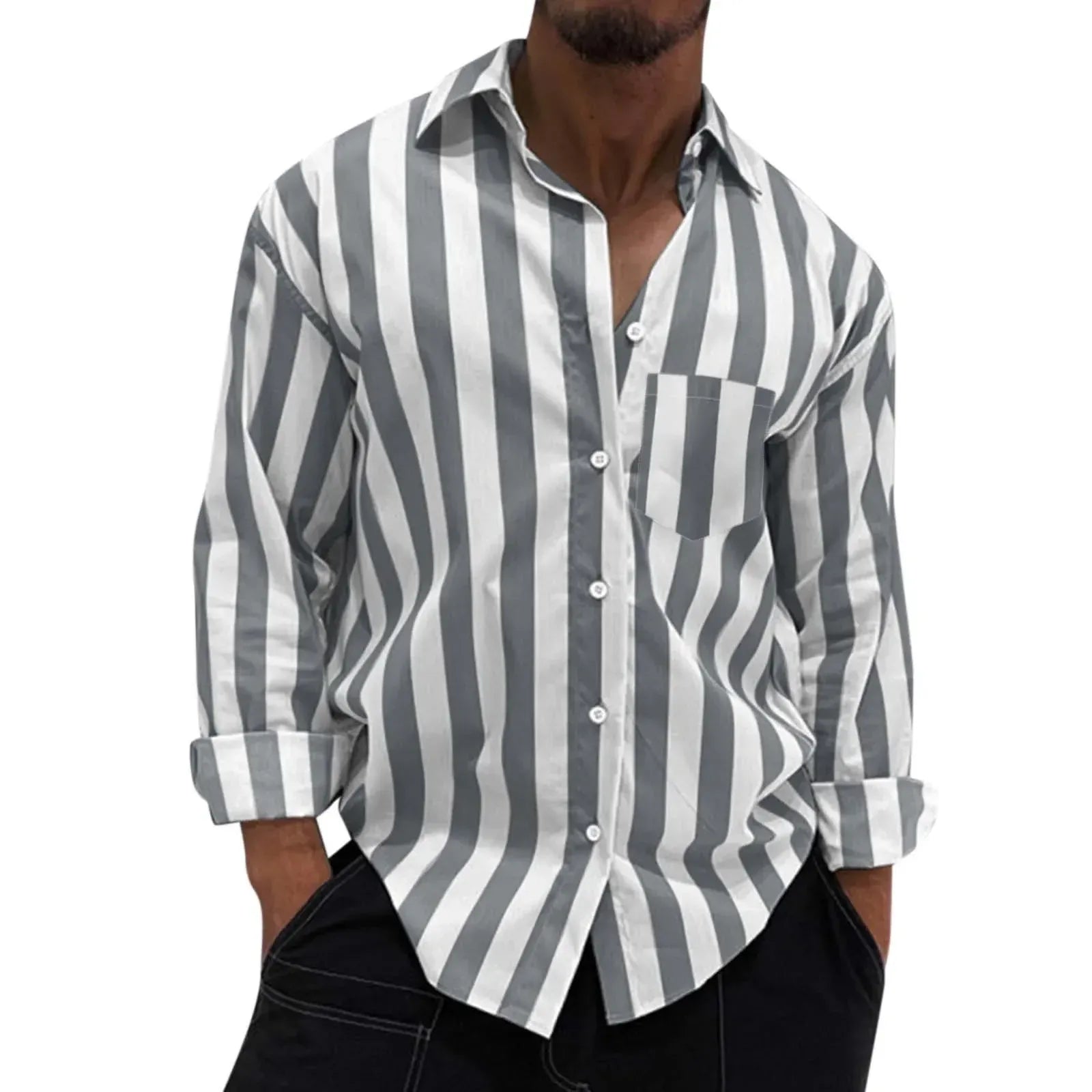 Men's Striped Button-Down Long Sleeve Shirt - cas7m