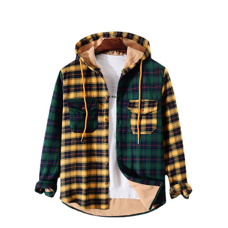 Men's Hooded Jacket Fashion Casual Long Sleeve Plaid Jacket - cas7m